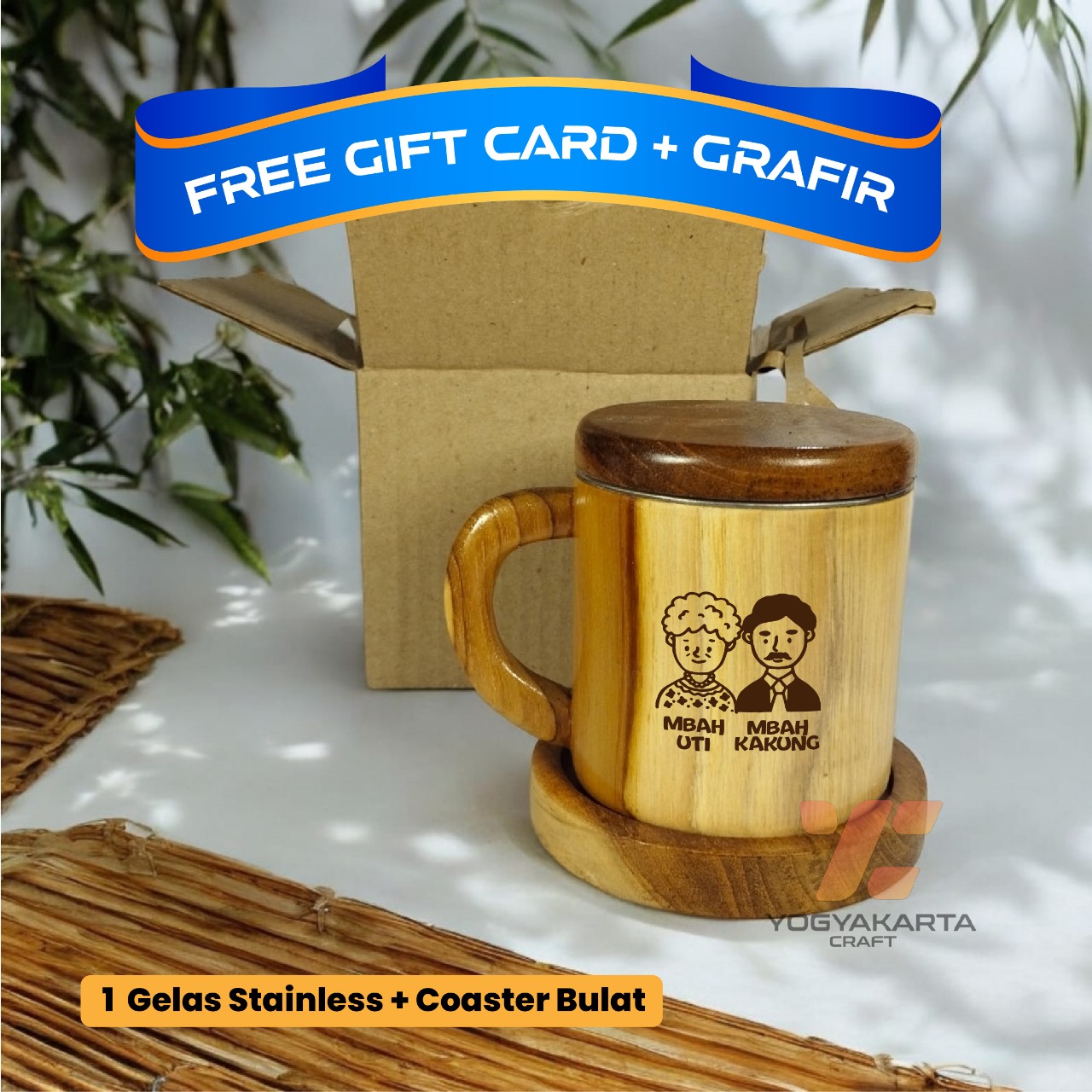 Hampers gelas kayu jati stainles + coaster